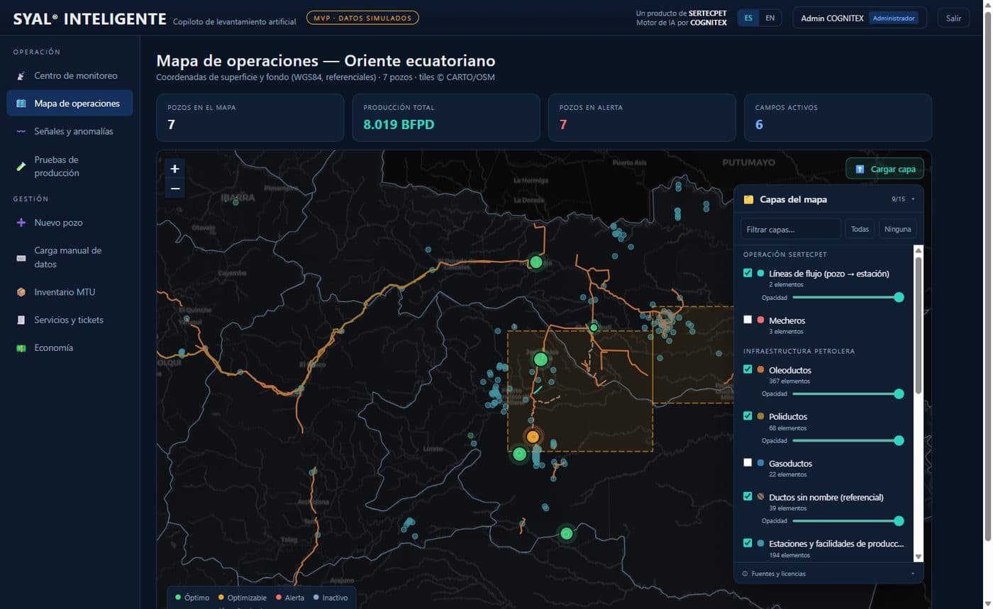Mapa de operaciones de SYAL® Inteligente con capas de infraestructura petrolera