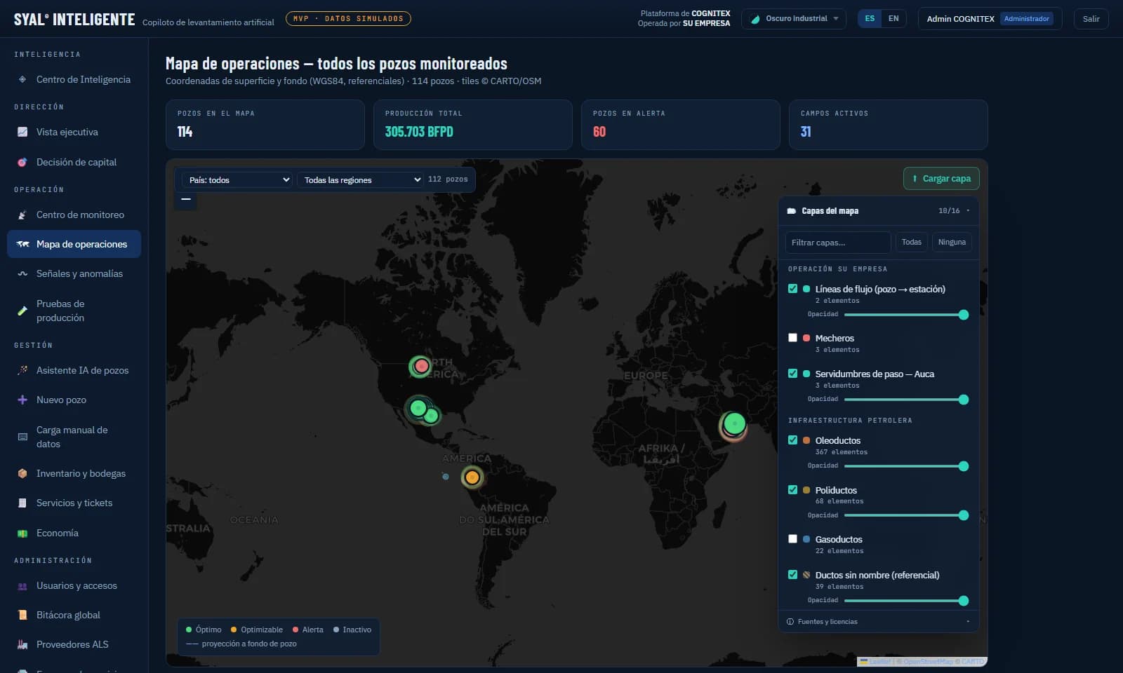 Mapa de operaciones con capas de ductos, facilidades y pozos